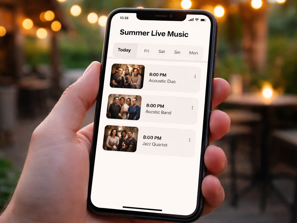 Close-up of a phone screen showing a venue’s summer live music page with Today highlighted.