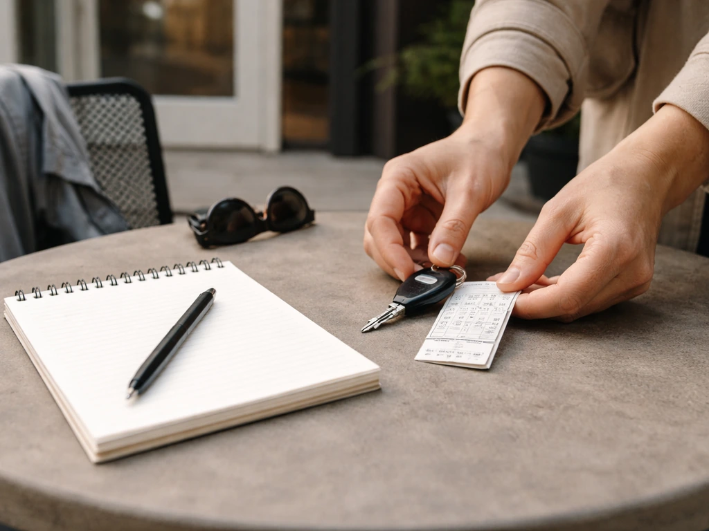 Minimal checklist scene with a calendar and a key fob on a patio tabletop, implying day-of venue details.