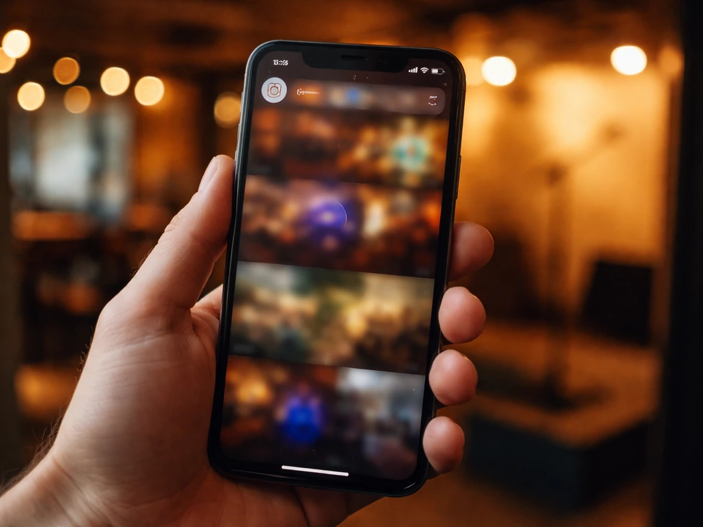 Hand holding a phone showing an Instagram Stories feed with a same-day venue status update.