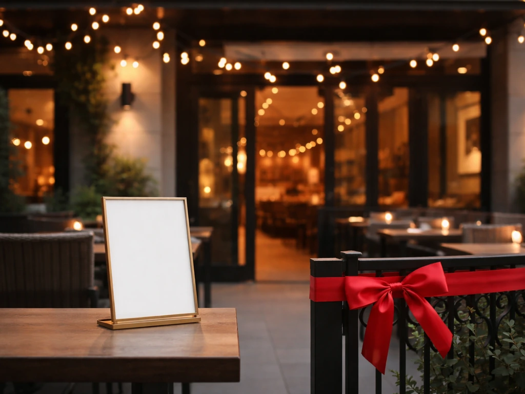 ABBA Patio storefront with outdoor patio, warm lights, and a non-text promo/discount callout concept.