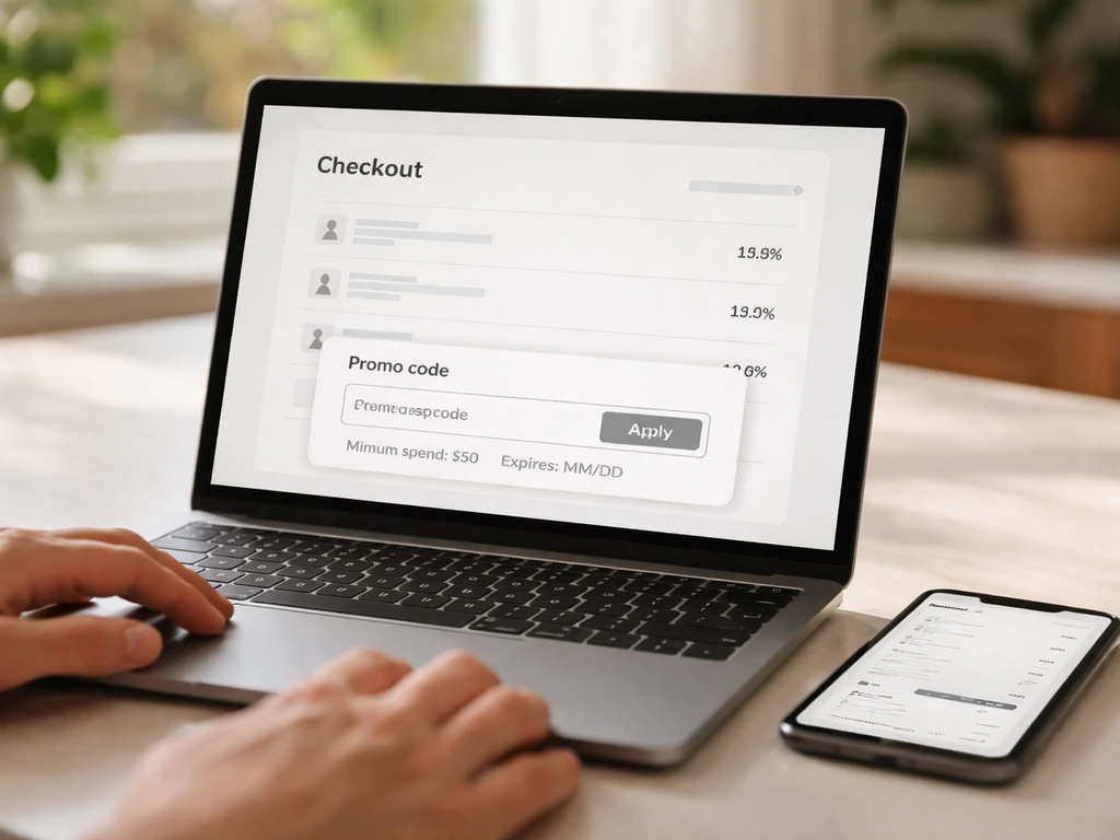 Close-up of laptop checkout screen with promo code field and visible minimum spend and expiration rule note.