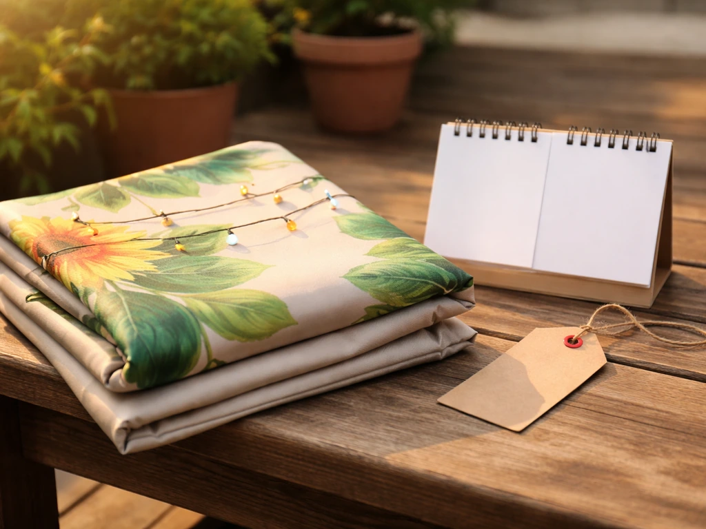Minimal patio shopping scene with seasonal sale theme and a discreet discounted tag