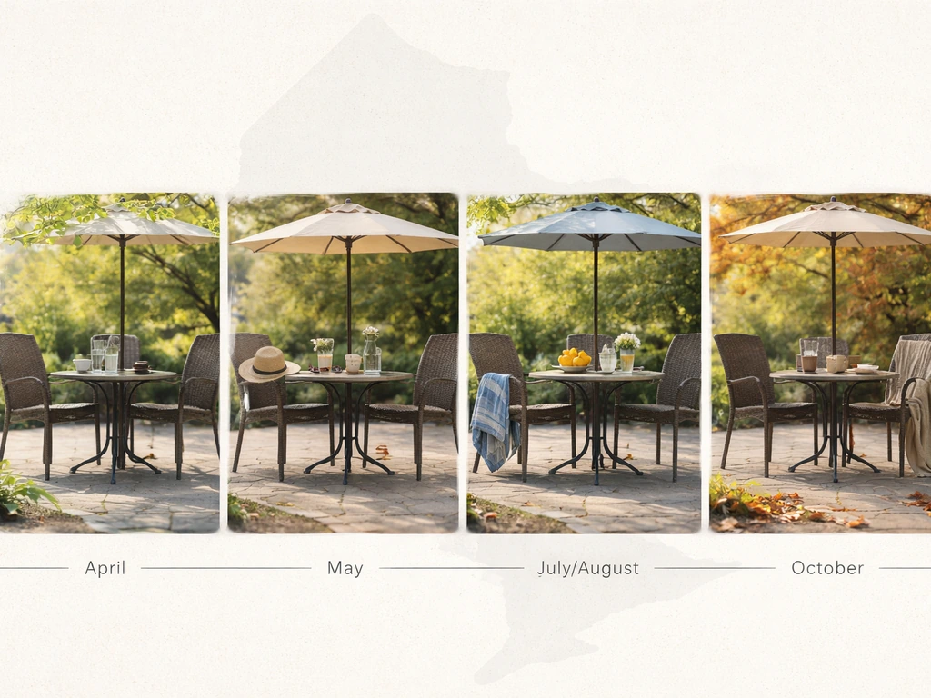 Minimal backyard patio table with subtle seasonal items and a faint Ontario outline backdrop, April to October timeline.