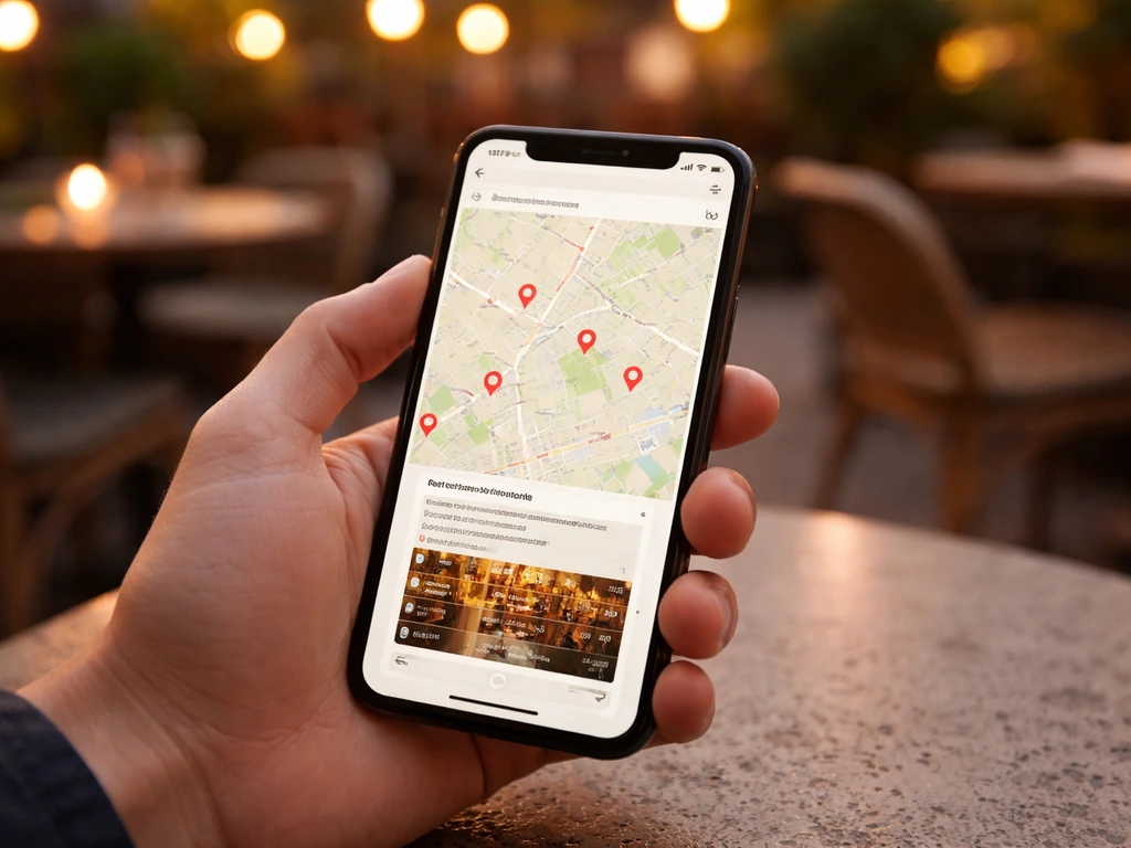 Hand holding a smartphone showing a map search for open patio restaurants near you