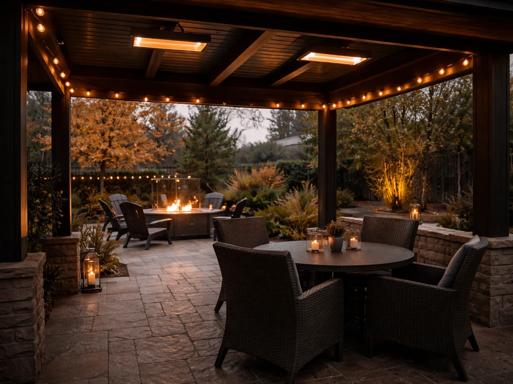 Cozy covered Ontario patio with overhead heaters and a small set of dining chairs ready for cooler evenings.