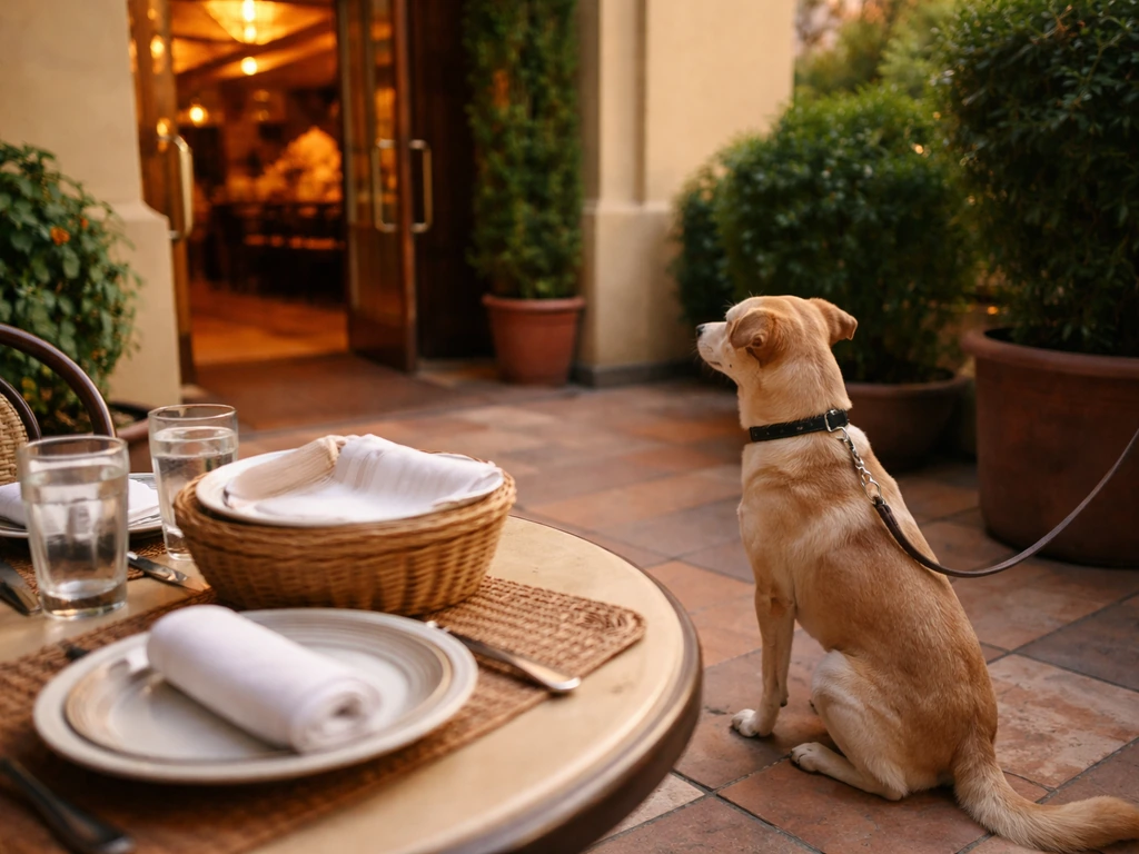 Leashed dog waiting beside a restaurant patio entrance with a simple outdoor table setting nearby.