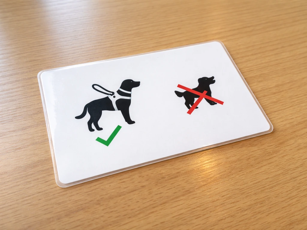 Minimal photo of a laminated pet policy card with icons indicating service animals allowed and other pets not allowed