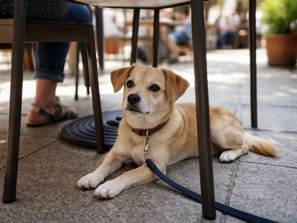 Leashed dog lying calmly under a patio table while people pass by in soft blur behind.