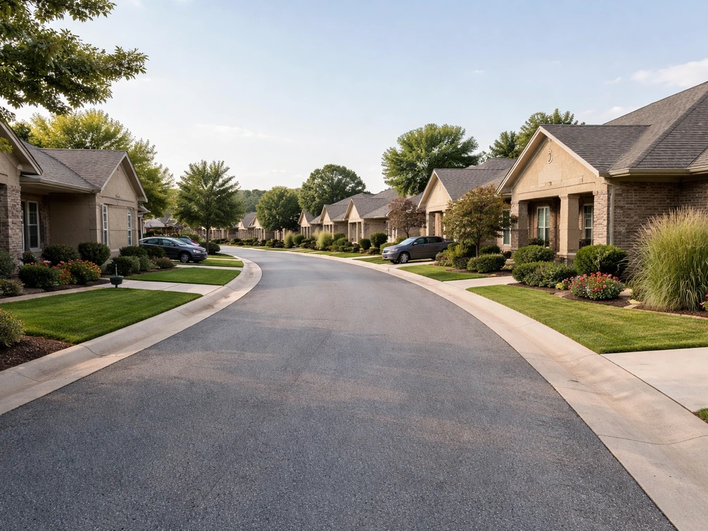 Wide view down a quiet street of attached patio homes in Broken Arrow, Oklahoma.