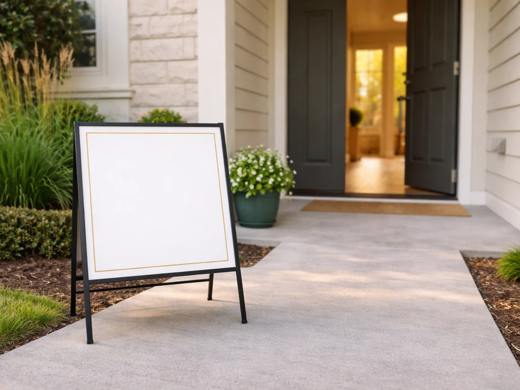 Real-estate tour sign near a community front door with daylight driveway setting