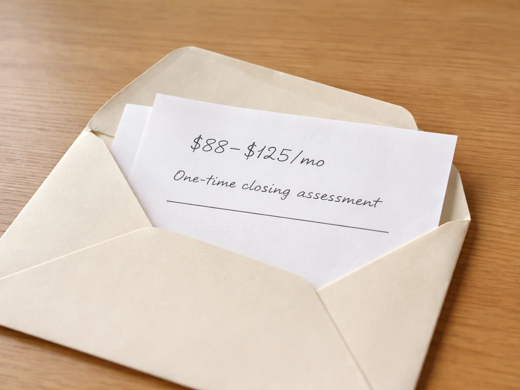 Minimal photo of an opened envelope with a monthly dues range and a blank one-time assessment line in focus