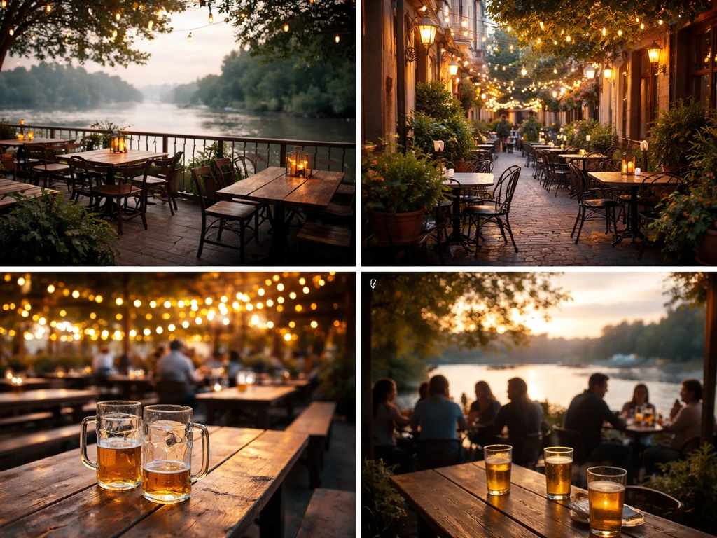 Photo mosaic grid of four Windsor patios: waterfront dining, Italian street patio, biergarten, and another river view.