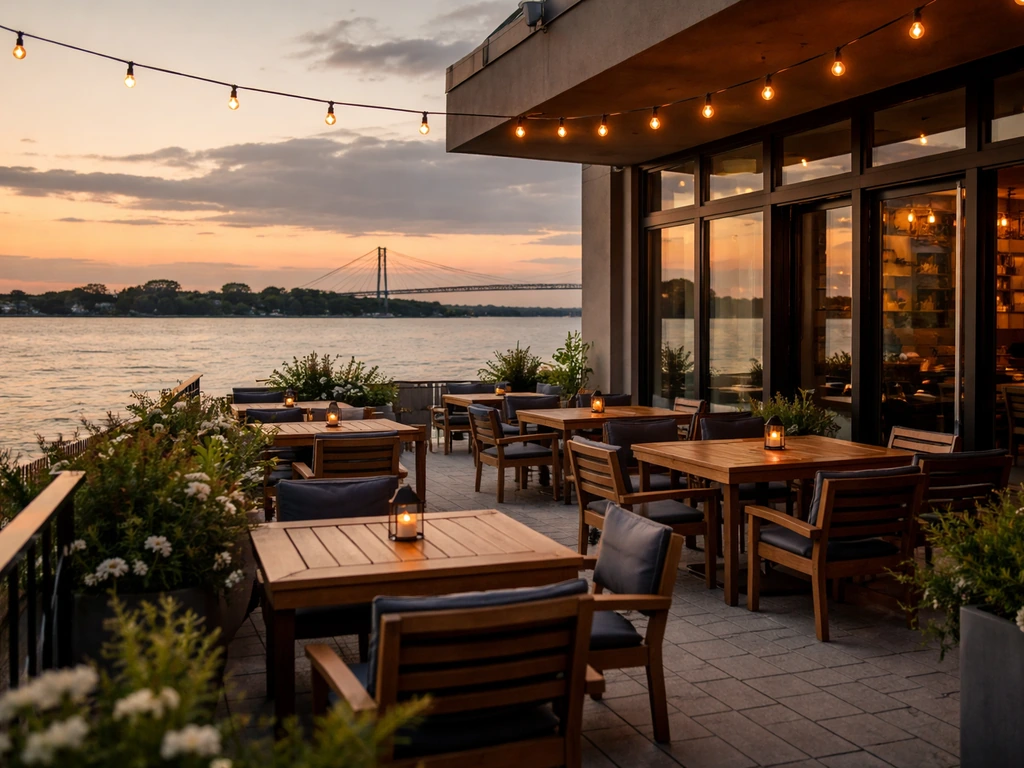 Waterfront patio outside Harbour House with tables and chairs, overlooking the river at golden hour in Windsor.