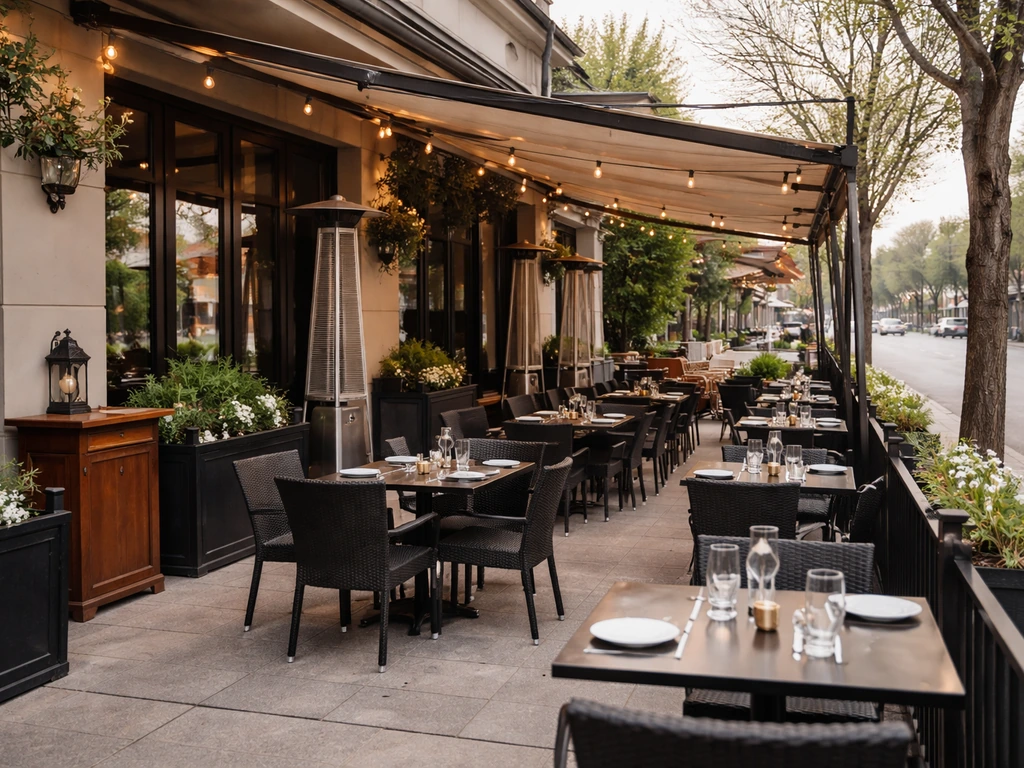 Empty patio dining area outside a Windsor restaurant on the Via Italia strip, with warm string lights overhead.