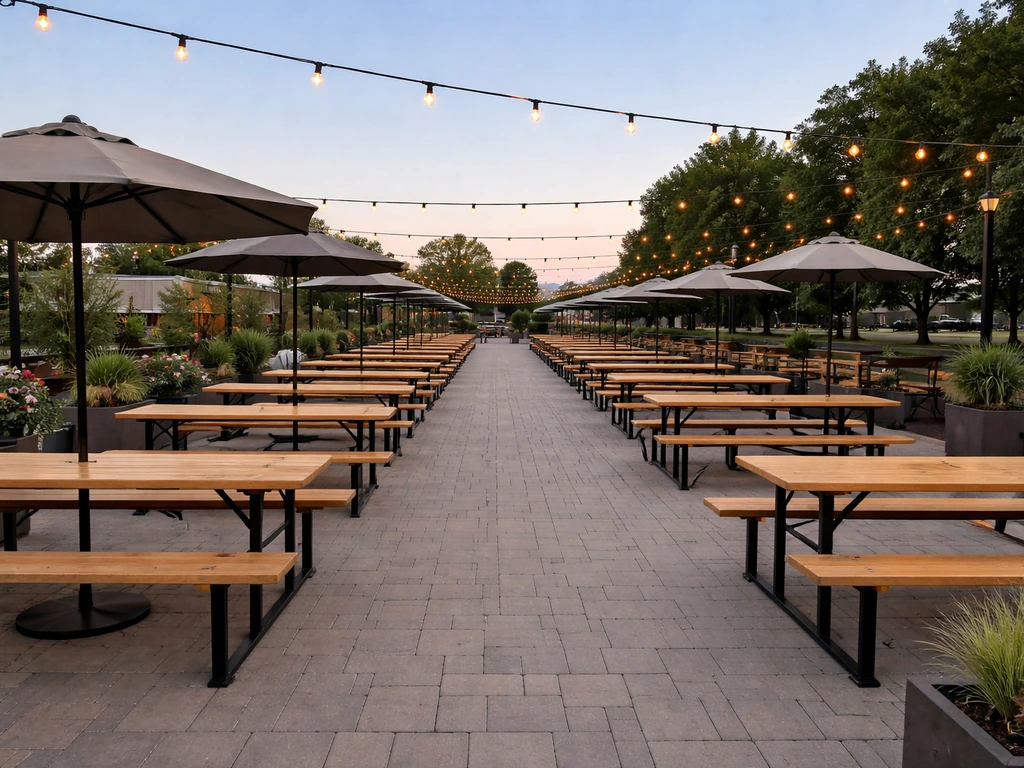 Wide view of Heimat Windsor Biergarten’s expansive communal patio with outdoor seating and umbrellas in Windsor