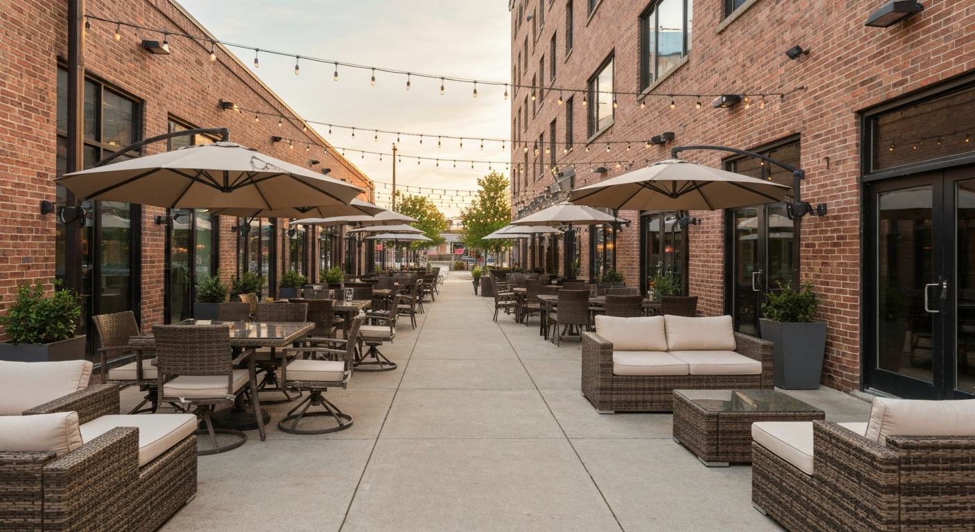 Wide-angle view of an urban patio at golden hour showing powder-coated frame and resin-wicker furniture, umbrellas, string lights, planters, and an accessible pathway into the seating area.