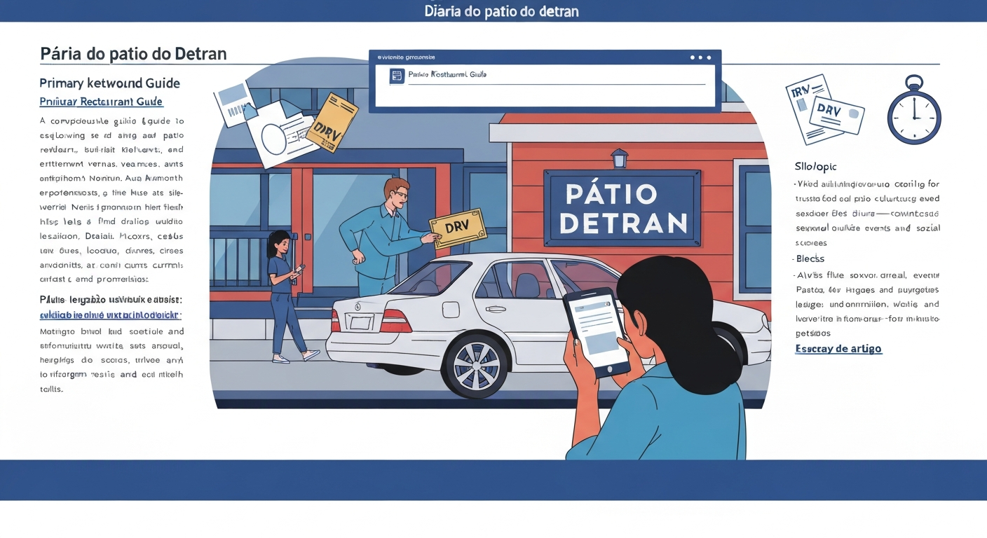 Pessoa consultando guias do Detran no celular enquanto um carro é rebocado para o pátio; ícones de documento e relógio indicando cobrança por diária.
