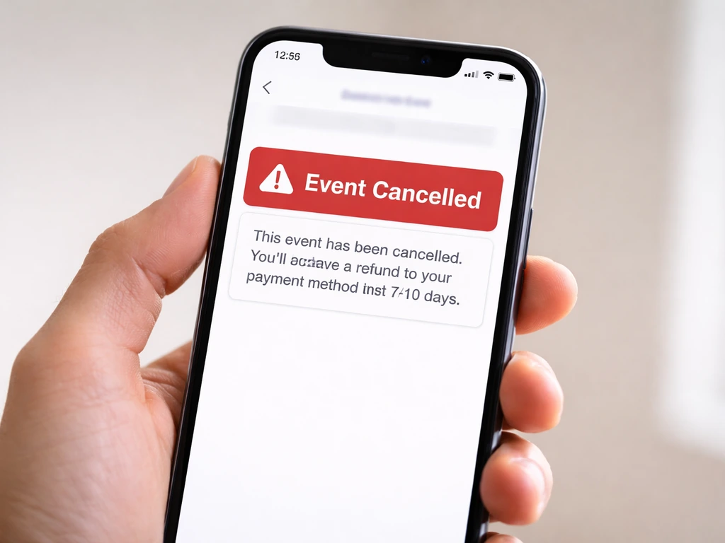 Hand holding a phone showing an event cancellation/refund notification banner from a ticketing platform.