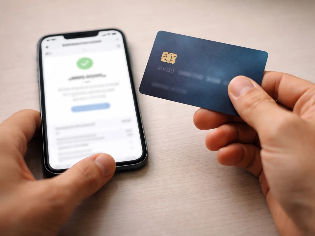 Hands holding a credit card over a phone showing a refund confirmation email-like screen