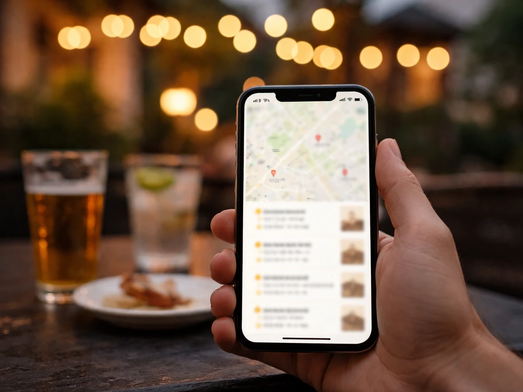 Hand holding a smartphone with a blurred map showing nearby patio options in the evening.