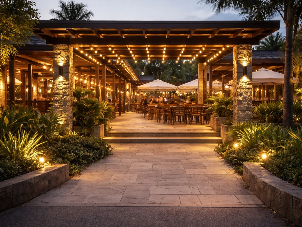 Warm evening view of an open-air patio food hall entrance with inviting outdoor seating and greenery