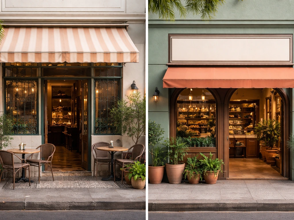 Side-by-side storefronts showing two different “Pátio Gourmet” locations to avoid address mix-ups.