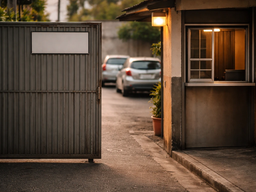 Close-up of a Brazilian parking entrance gate with an illuminated light and quiet curbside cars nearby.