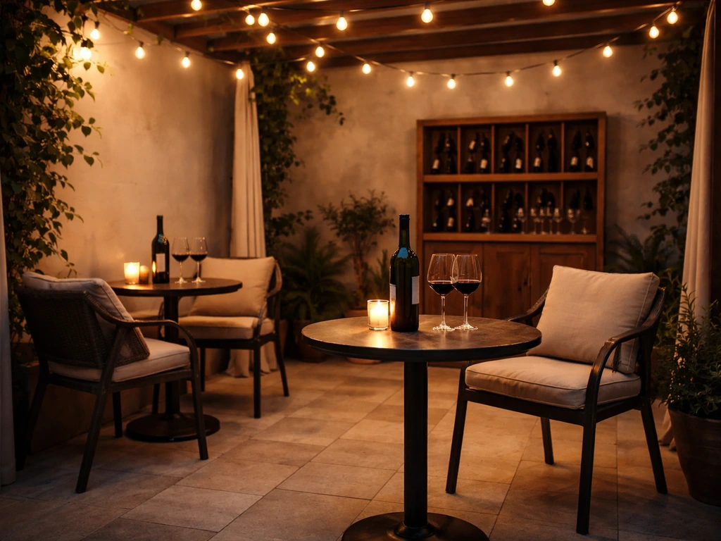 Warm evening semi-open patio with bistro tables, wine bottles on a rack, and soft string lights.