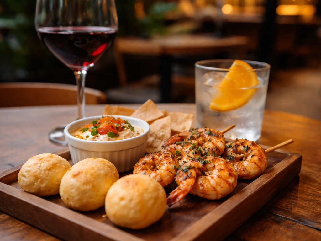 Close-up of Brazilian gourmet petiscos on a wooden board with wine and cocktail glasses nearby.