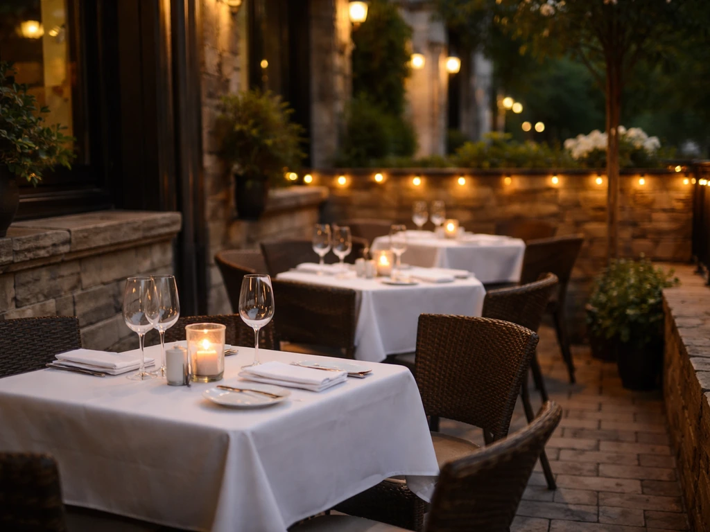 Polished Italian-style patio dining at Brunello, with neatly set tables and warm evening lights.