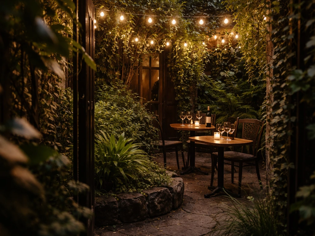Cozy tucked-away patio with lush greenery at Brooky’s Wine Bar Secret Garden, with ready-to-serve tables.