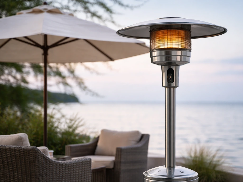 Close-up of a portable patio heater beside outdoor seating under a simple shade canopy by the waterfront.