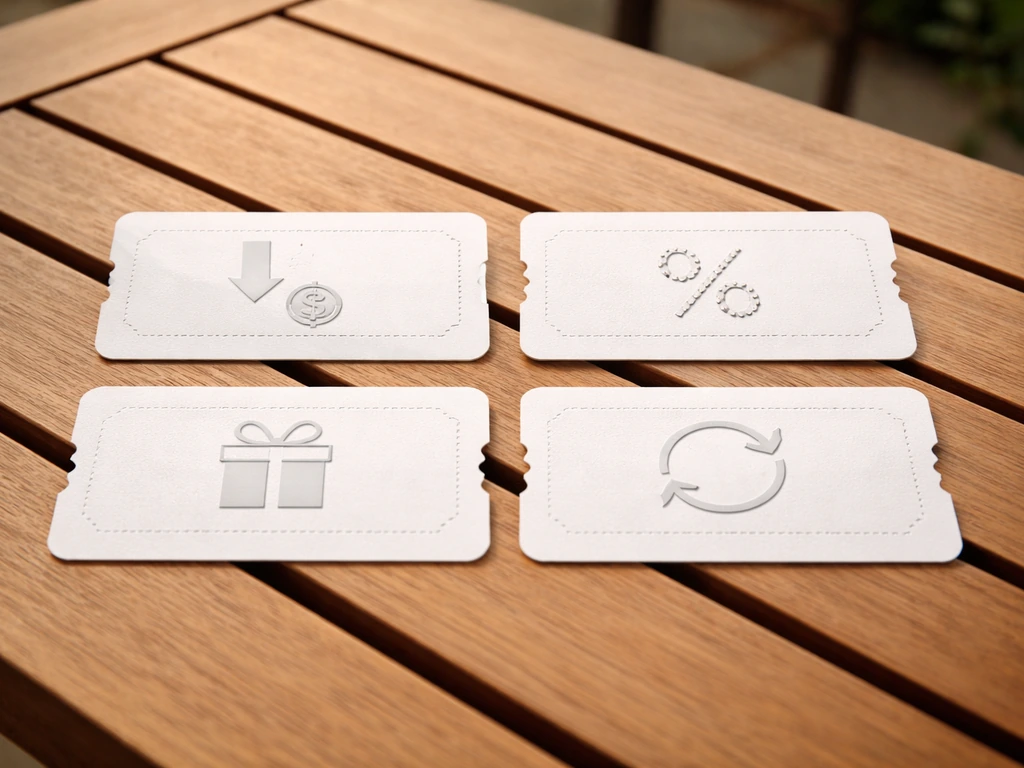 Minimal photo of four simple coupon-style cards showing flat discount, percentage, free item, and reuse icons