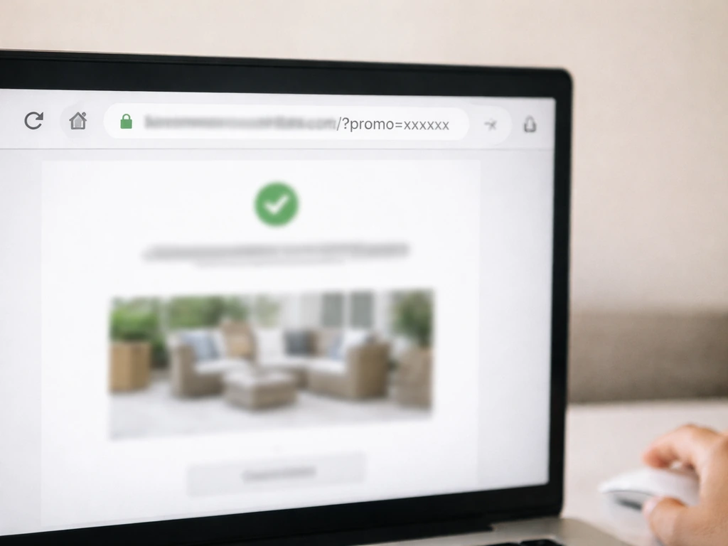 Close-up of a browser address bar with a click-through URL and a blurred checkout confirmation page below.