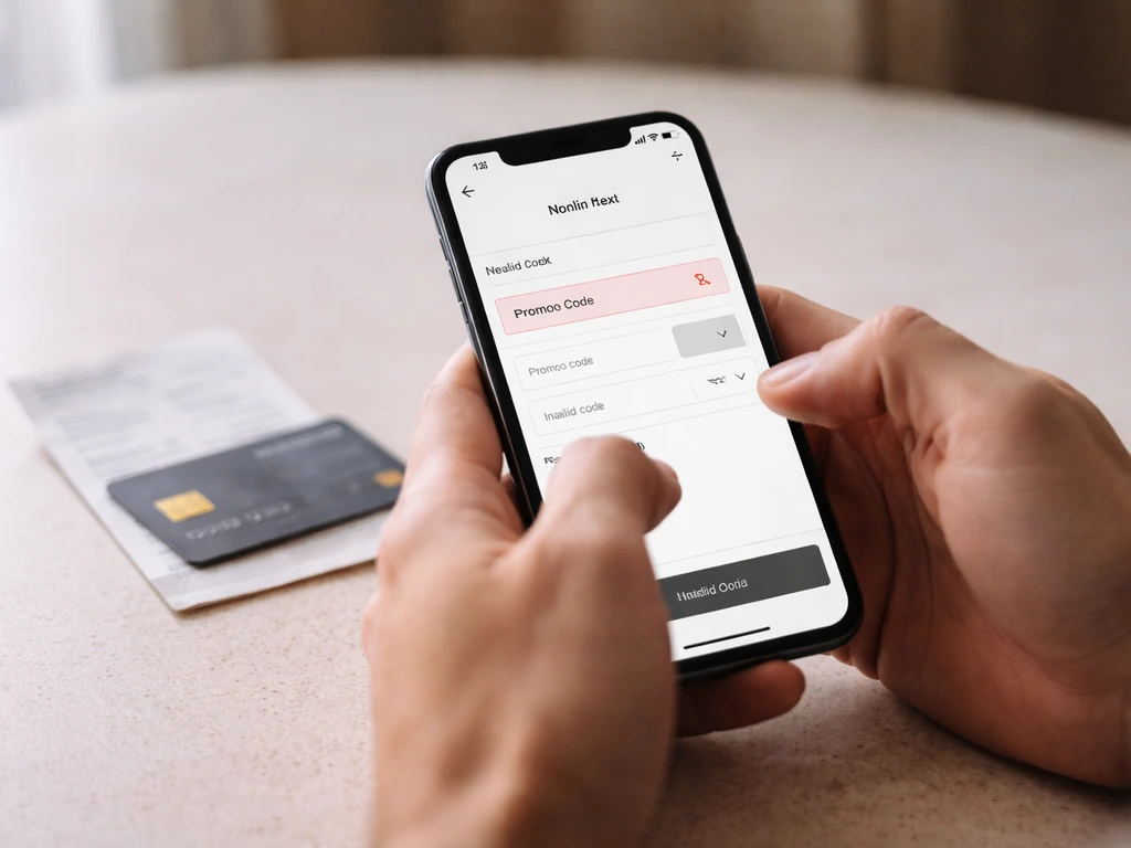 Person reviewing checkout screen with a failed promo code message on a phone at a simple kitchen table.
