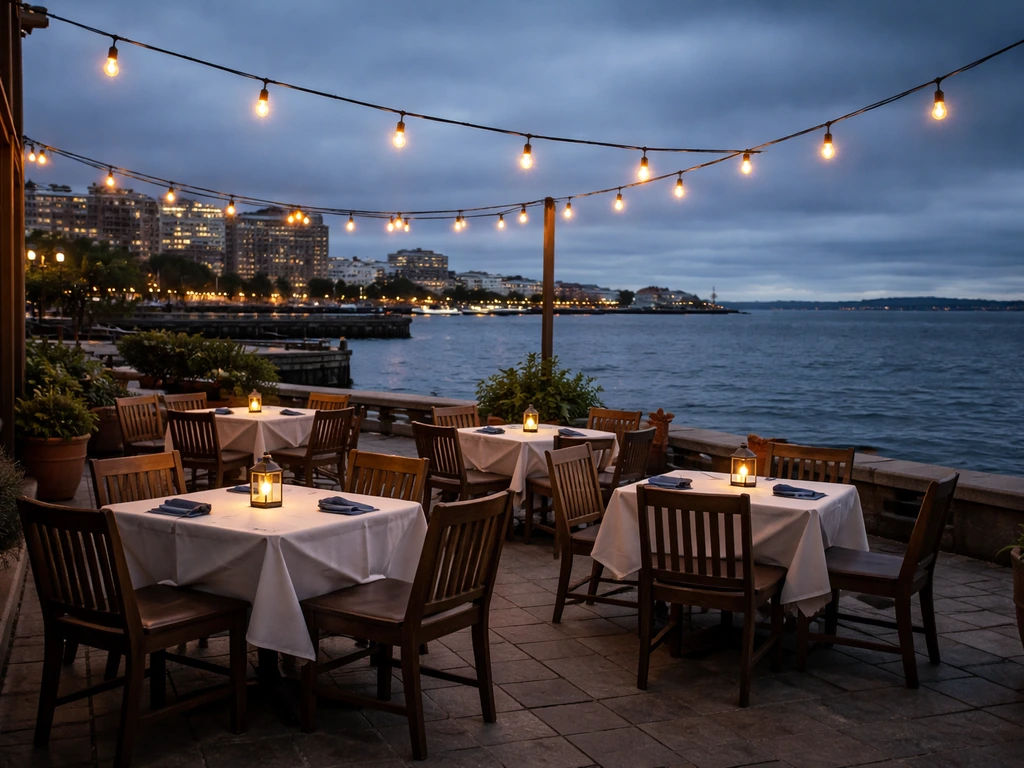 Cozy waterfront patio with bistro lights and views of the harbor on a cool evening