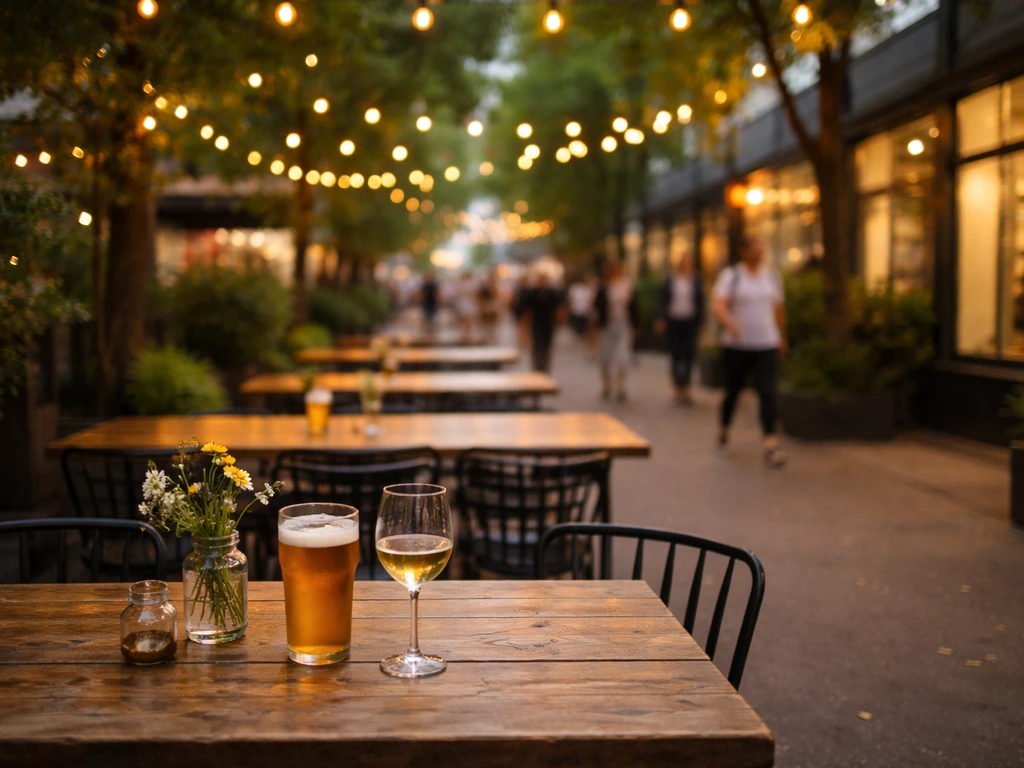 Lively downtown beer garden patio on Spring Garden Road with warm lights and a softly blurred street background.