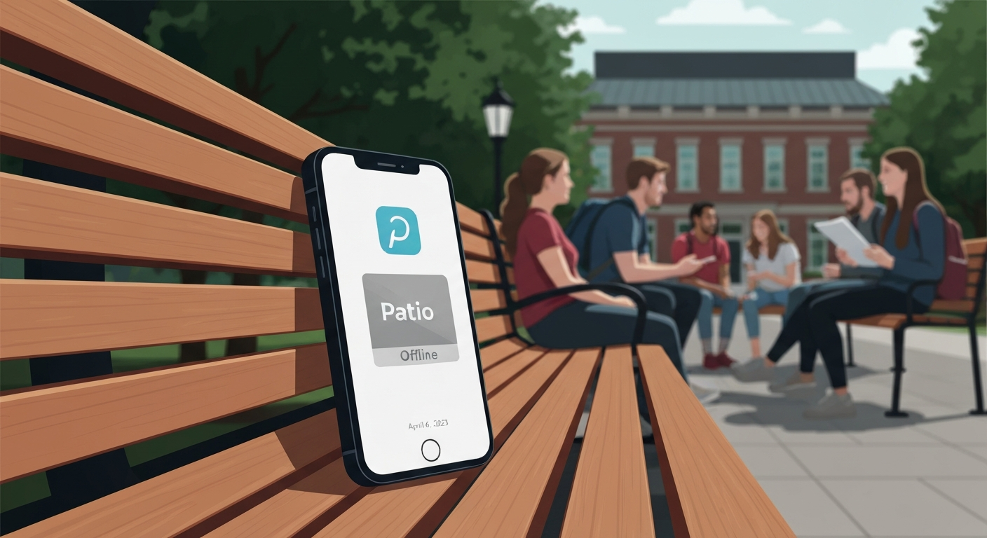 Illustration of a phone on a campus bench with the Patio app icon greyed out and an 'Offline' overlay, evoking the app's shutdown around April 6, 2023.