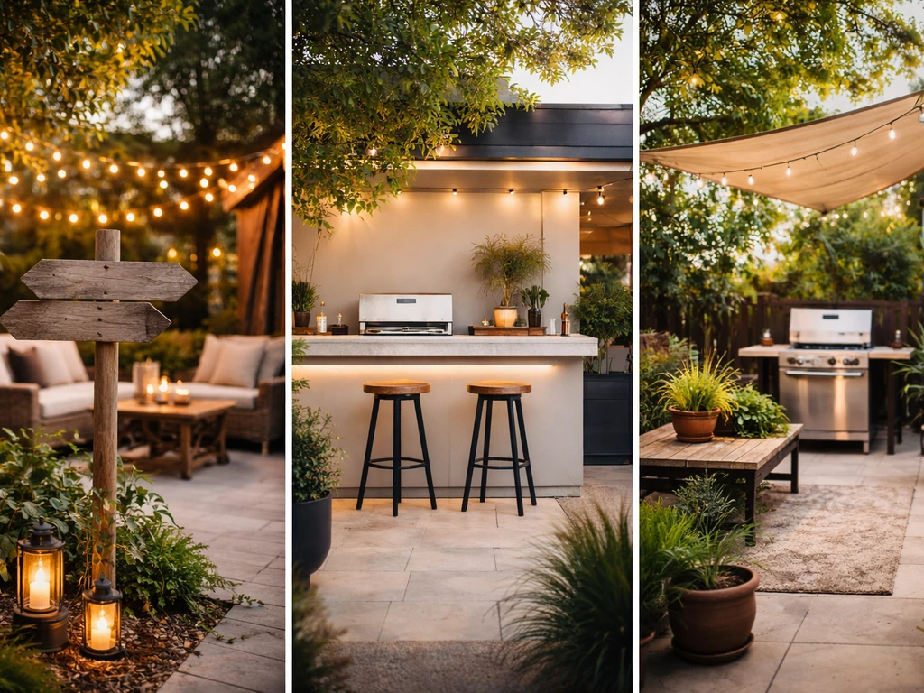 Three anonymous patio venue vibes side-by-side: cozy lights, modern bar patio, backyard plants and grill.