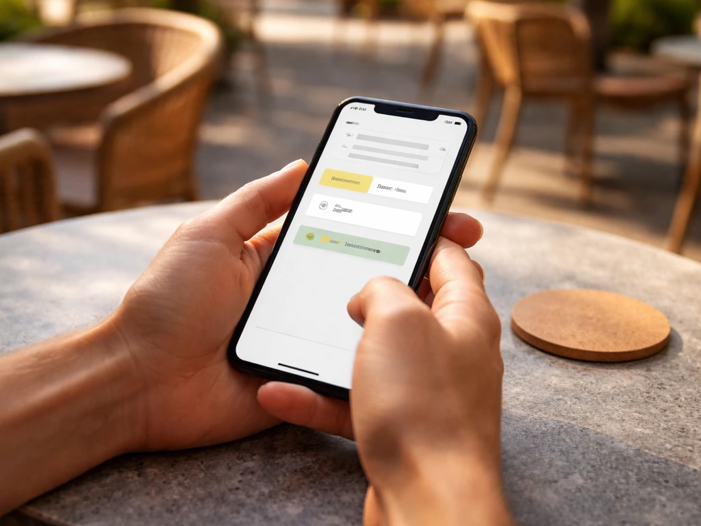Hands holding a smartphone showing a generic patio reservation confirmation over an outdoor table.