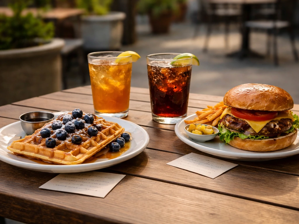 Casual patio table with plated waffles and burger, plus iced drinks in clear view.