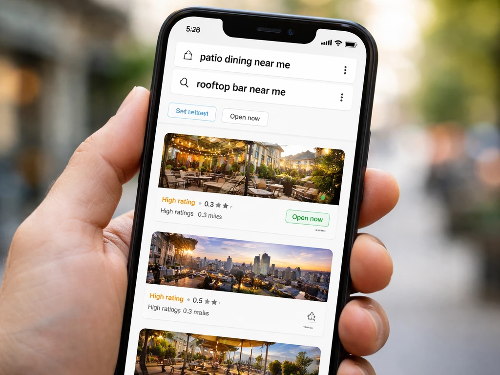 Phone screen showing a nearby map search for patio dining and rooftop bar results with open-now indicator