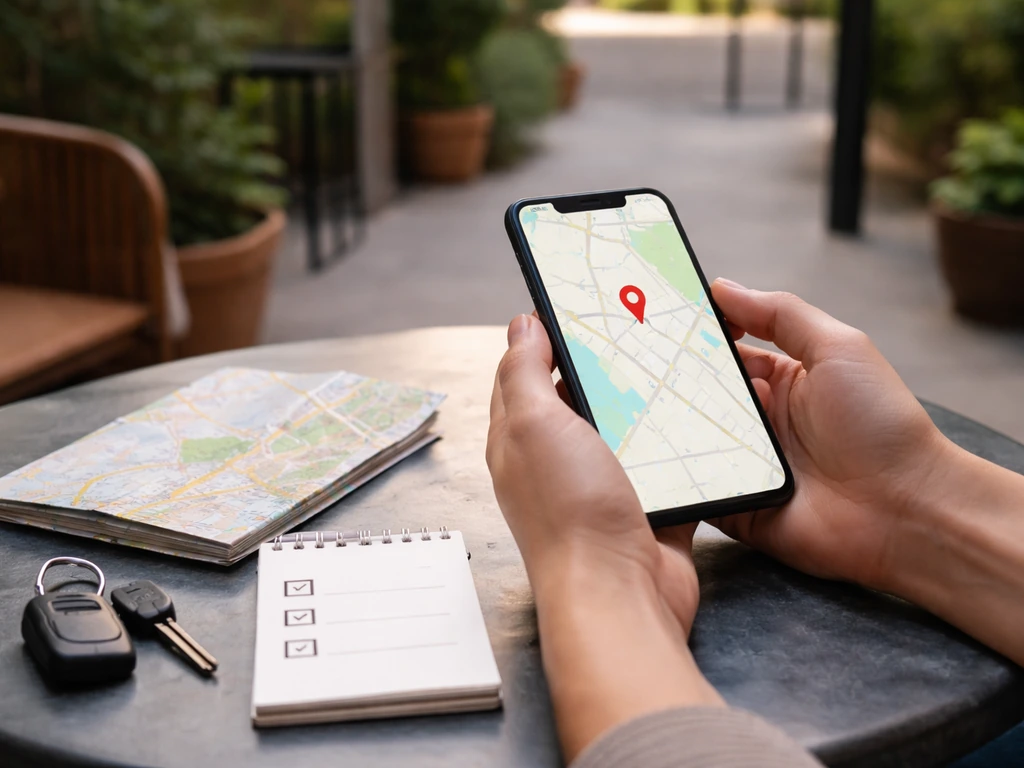 Hands checking a smartphone map and blank checklist before heading out, with patio entrance and parking nearby.