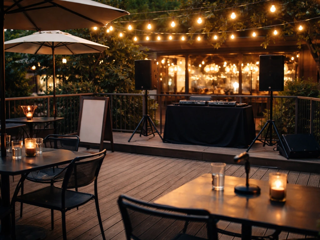 Evening patio event setup with a small DJ-style booth and lights above an outdoor bar