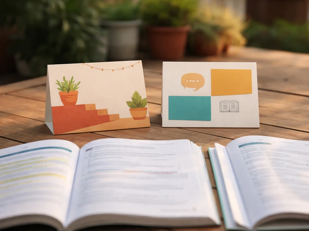 Outdoor patio table with two course materials showing a Spanish/English learning theme side-by-side.