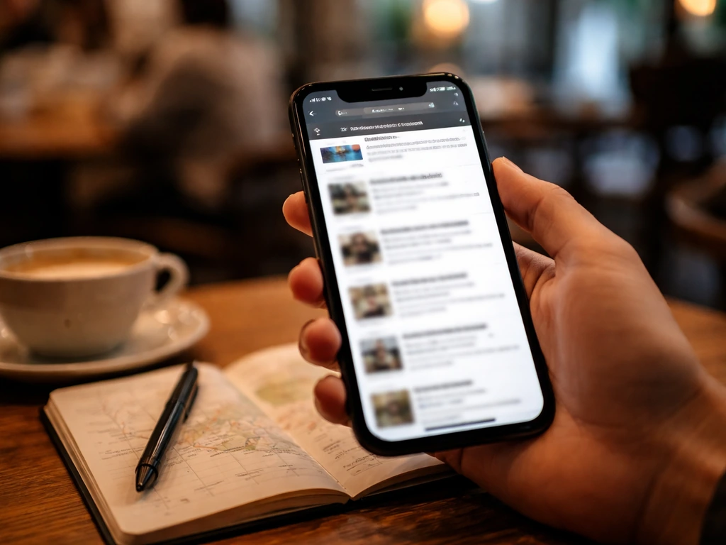 Hand browsing a smartphone search results screen for language exchange beside an open notebook/map on a cafe table.