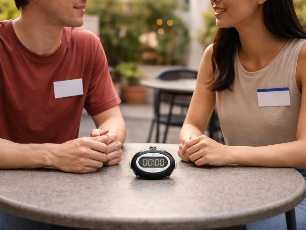Two people at an outdoor patio table face each other with a stopwatch timer between them.