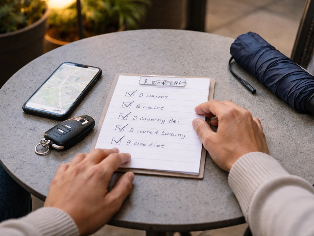 Hands lay a patio checklist beside a phone map on a quiet patio table.