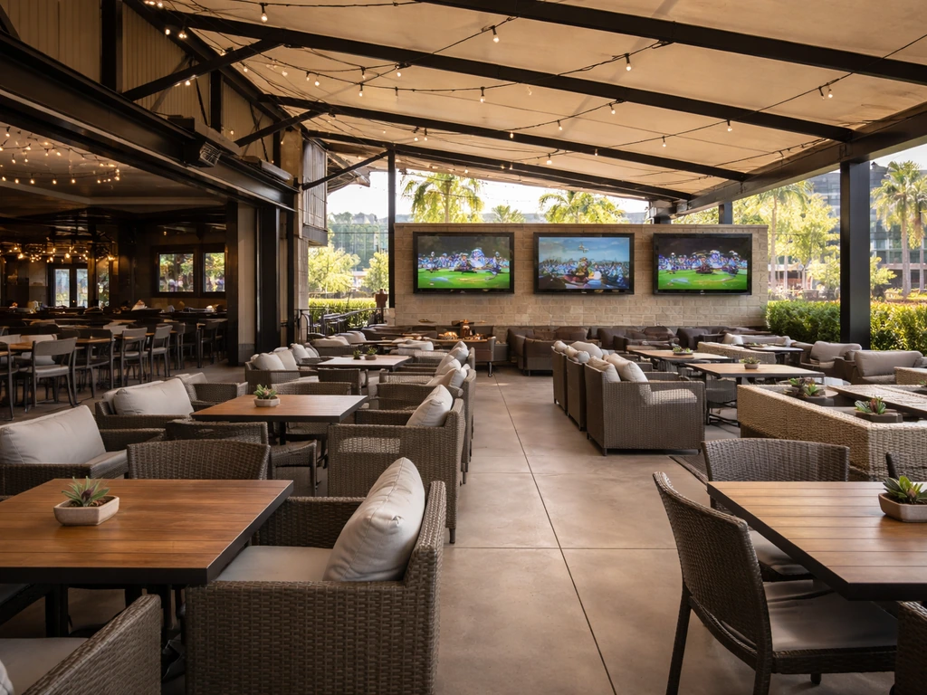 Empty sports-bar patio at a Glendale venue with outdoor seating and TV screens under warm lights.