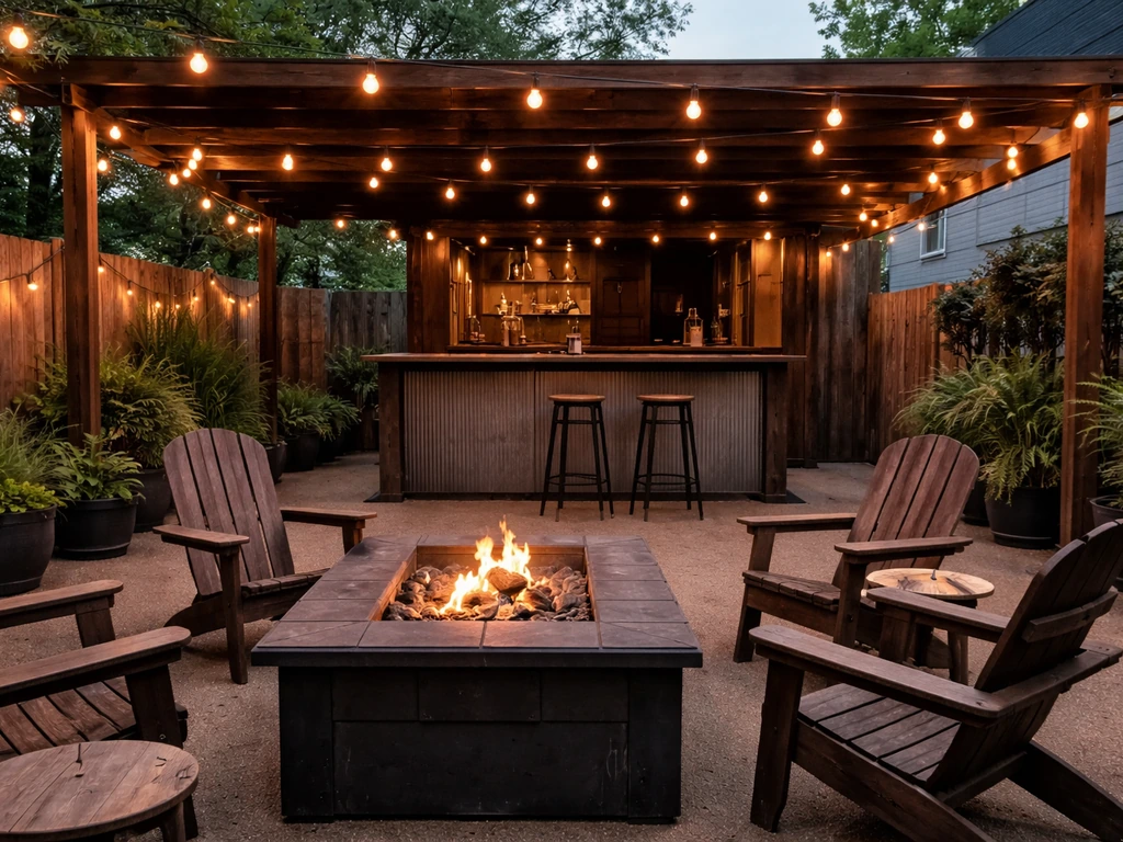 Cozy backyard-style covered patio with fire pit and bar seating at Sage & Sand Bar & Grill